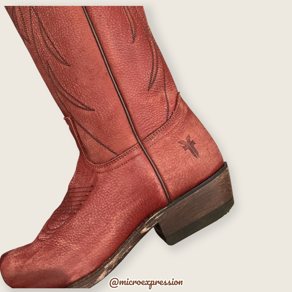 $385 Frye Billy Vintage Red Brick Leather Embroidered Pull-On Cowgirl Tall Boot - Picture 12 of 15